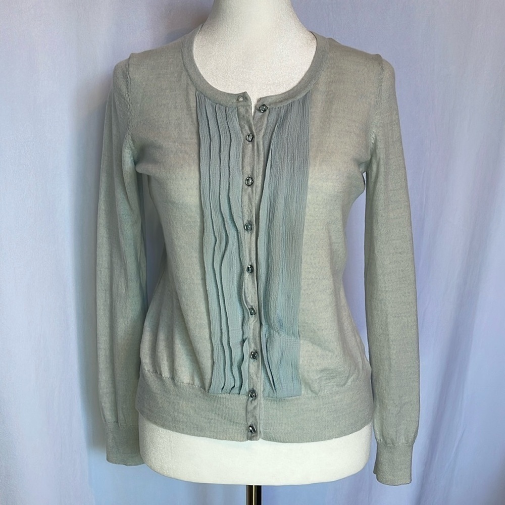 Talbots Blue Merino Wool Cardigan Sweater with Silk Front Ruffle Detail Size SP